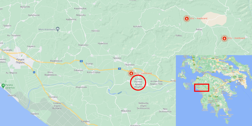 Waldbrände unweit von Olympia. Das Bild zeigt eine Karte und einen Kartenausschnitt der Region.