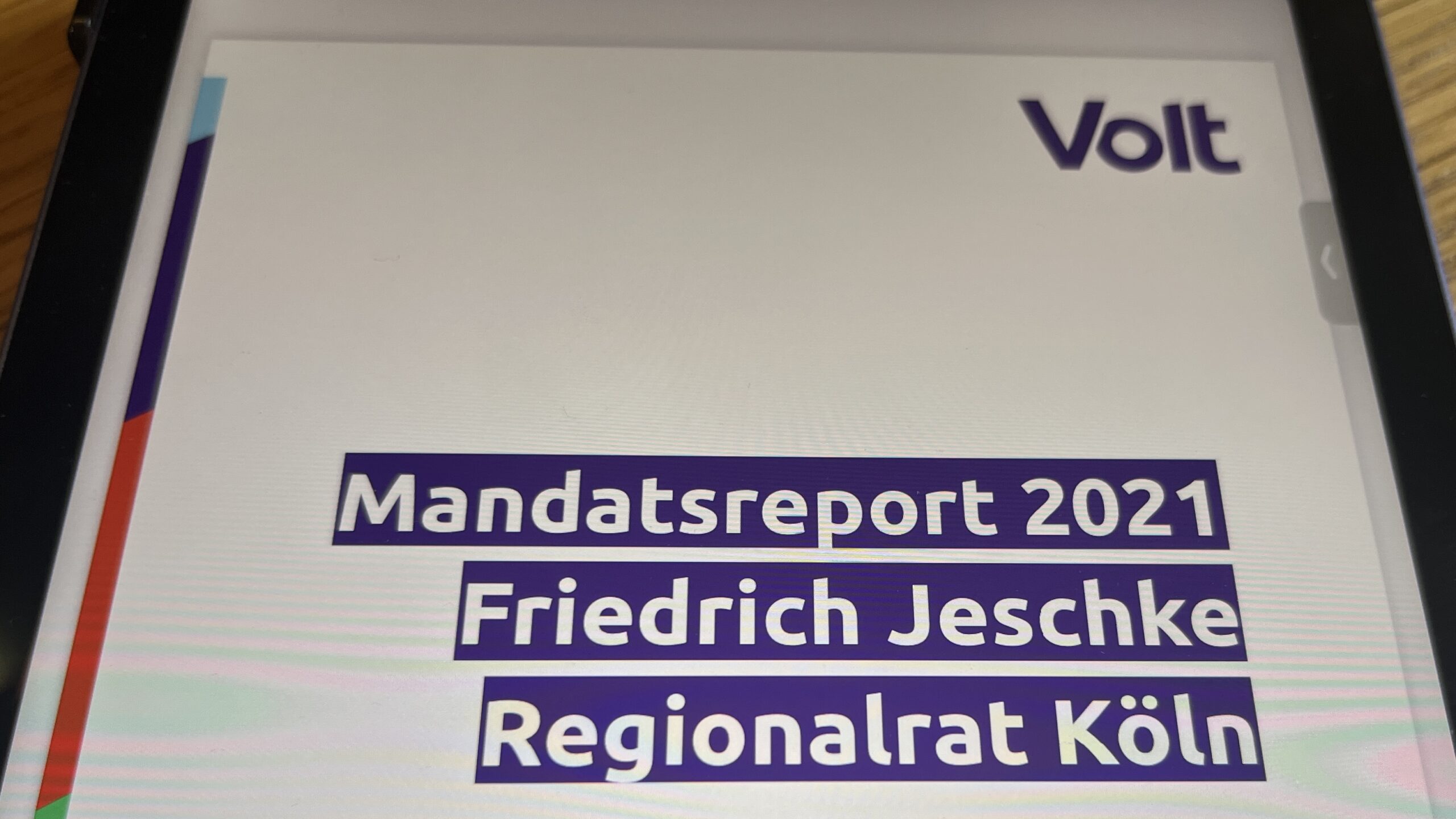Screenshot Mandatsreport Friedrich Jeschke Volt Regionalrat Köln 2021