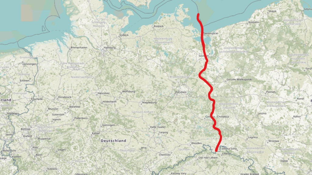 grafische Karte von Teilen Deutschlands und Polen. Die Grenze zwischen ist als rote Linie hervorgehoben
