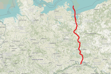 grafische Karte von Teilen Deutschlands und Polen. Die Grenze zwischen ist als rote Linie hervorgehoben